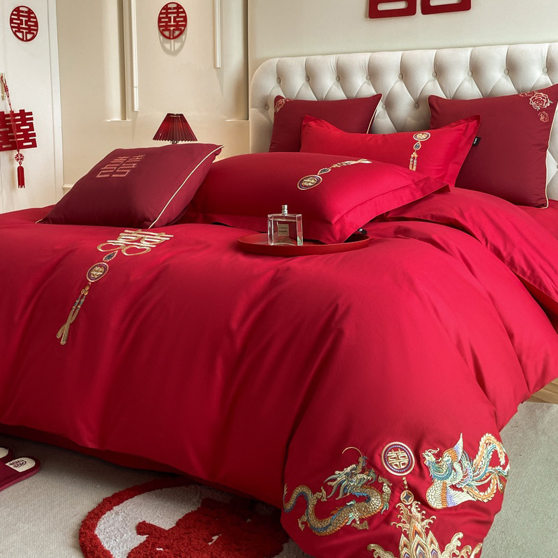 新款全棉刺绣四件套加厚中式婚庆床品春夏纯棉红色1.8m被套床单