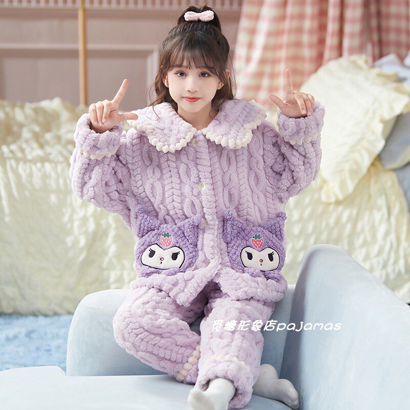 2023新款女童睡衣冬季珊瑚绒家居服套装