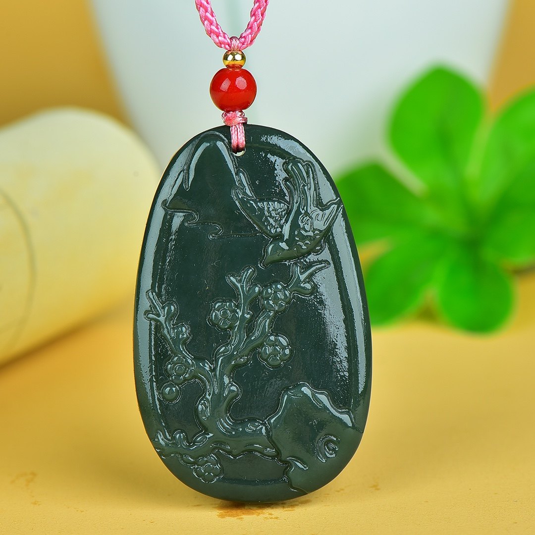 天然和田青玉喜上眉梢玉牌青海料高山流水玉吊坠男士女士椭圆挂件