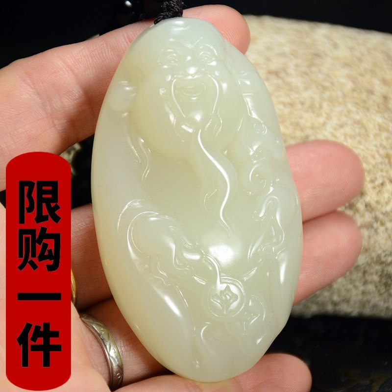 新疆和田玉财神把件白玉财神爷手把件籽料聚财财神把玩件挂件