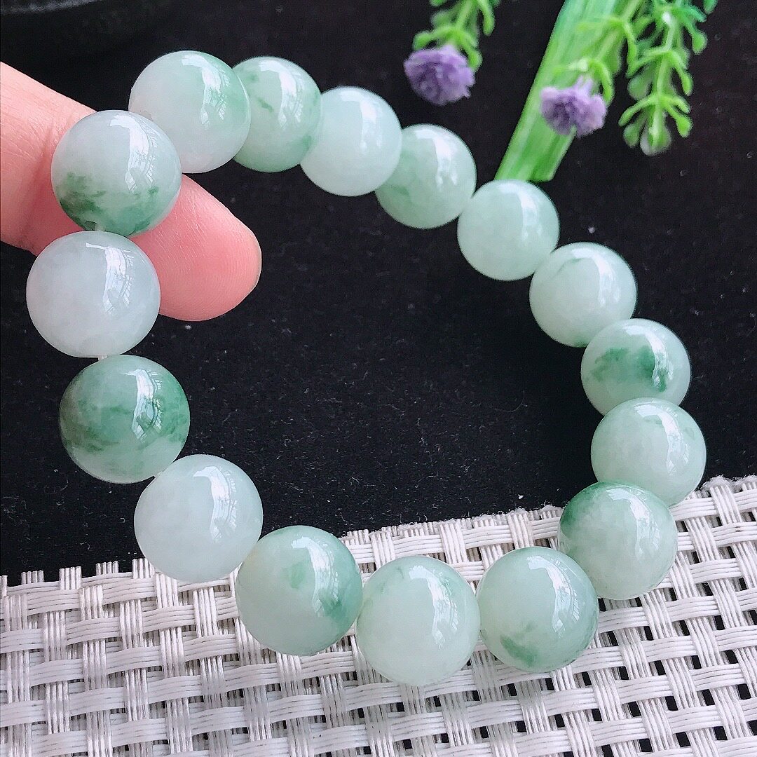 实拍A货翡翠13.5/16颗老坑冰飘花玉珠手链吊坠翡翠玉珠手串