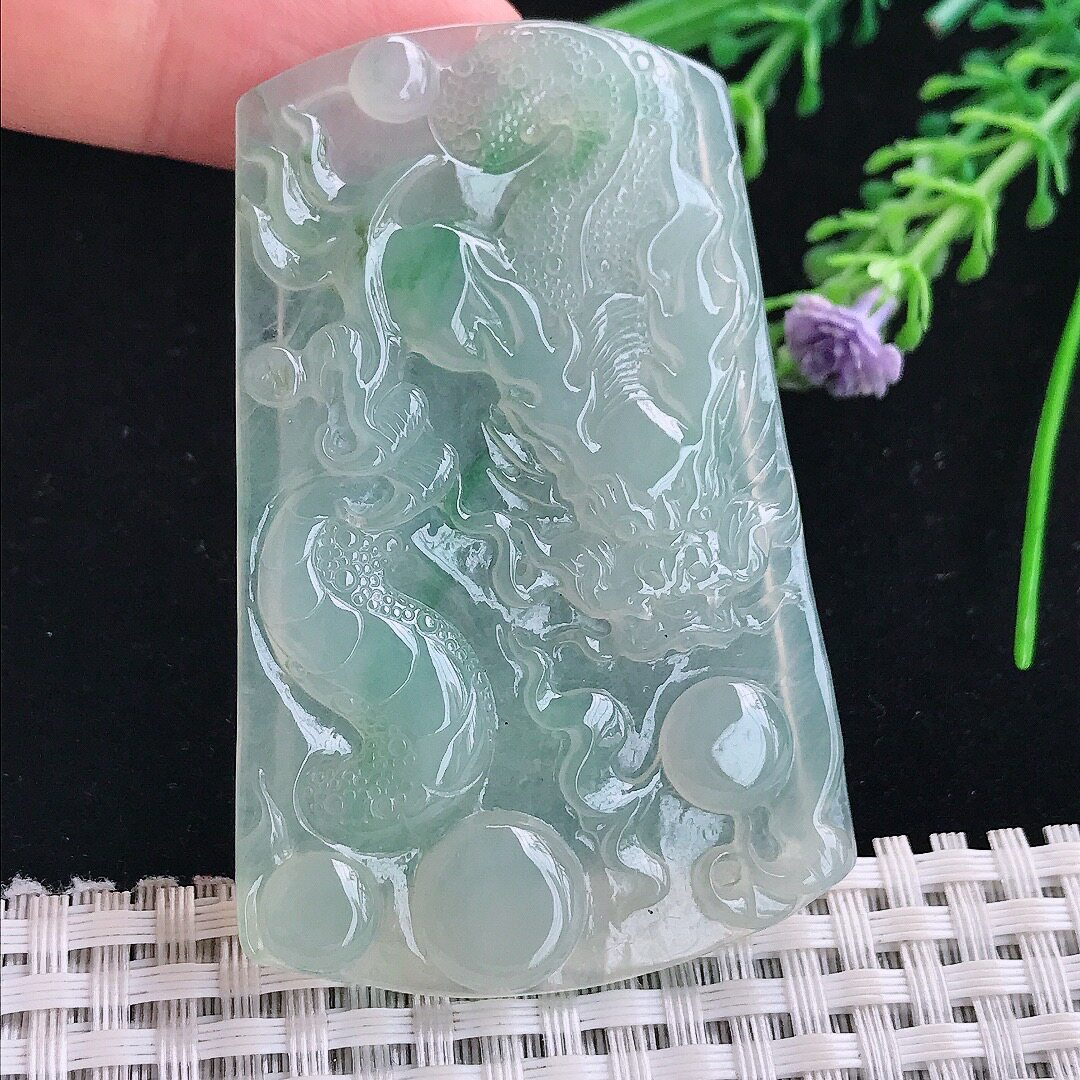 实拍A货翡翠63.9/41.6/5老坑冰胶果冻冰晴绿龙牌吊坠翡翠玉牌挂件