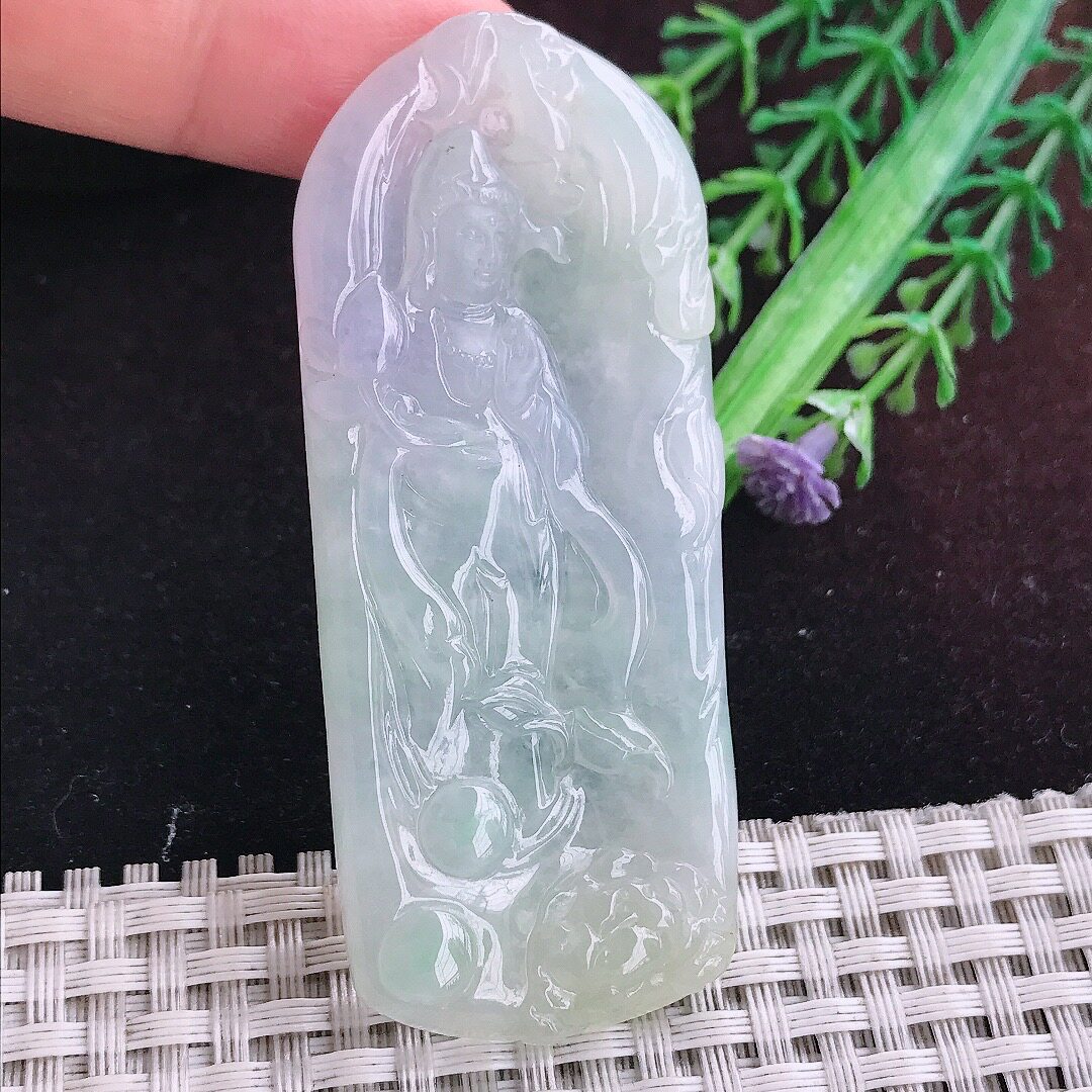 实拍A货翡翠70/29/5.3老坑冰润起胶带紫赐福观音吊坠翡翠玉观音