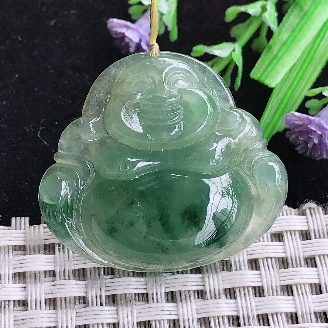 实拍A货翡翠31/35/7老坑冰润起胶飘花佛公吊坠翡翠玉佛挂件