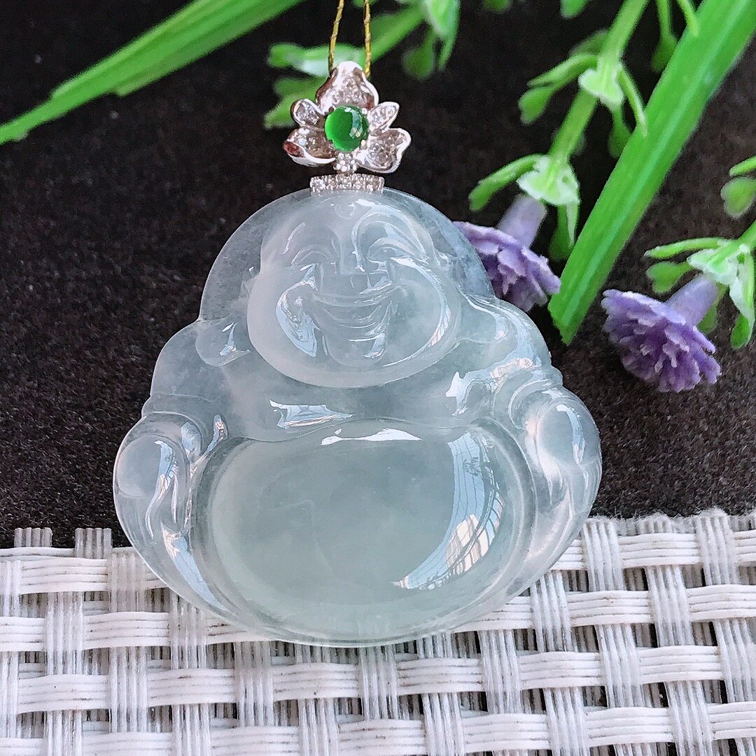 实拍A货翡翠31.2/33.4/5.5老坑18k金镶嵌冰种佛公吊坠翡翠玉佛