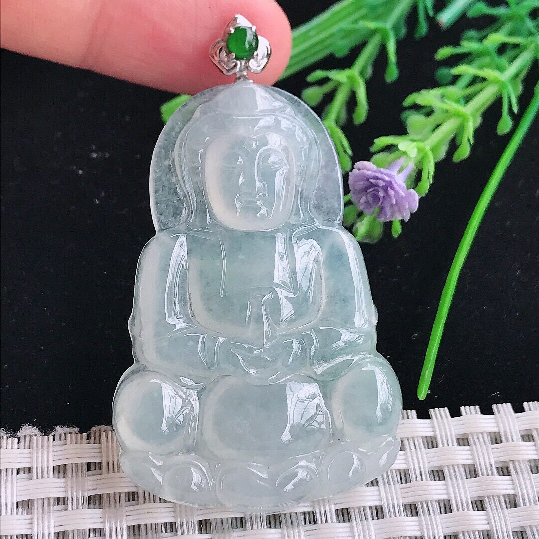 A货翡翠51.5/35/5.8老坑18k金镶嵌冰种观音菩萨吊坠翡翠玉牌挂件