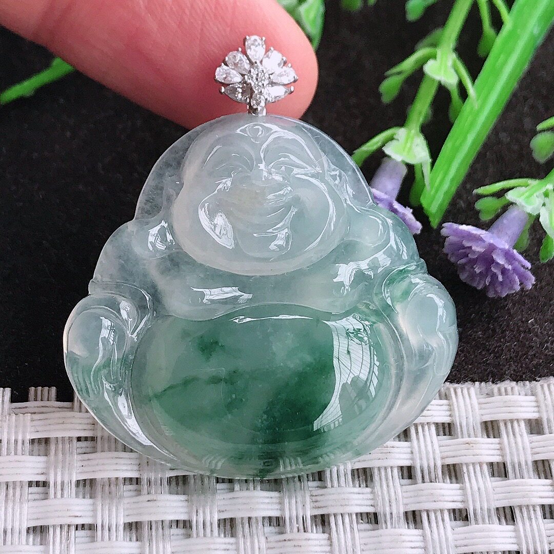 A货翡翠33/35.7/6.3老坑18k金镶嵌冰胶水灵飘花佛公吊坠翡翠挂件