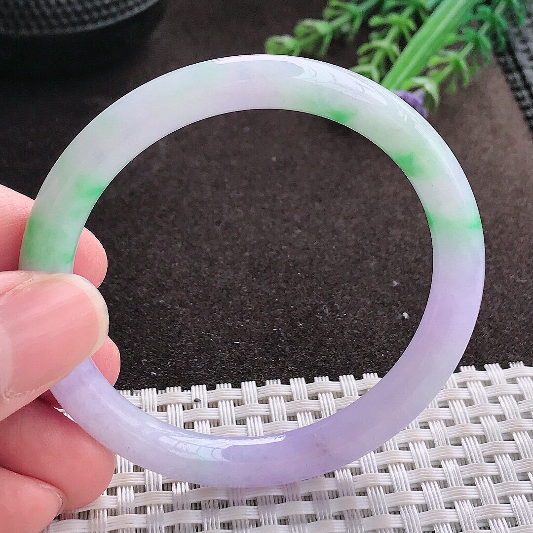 A货翡翠51.5/6.5/7老坑精美春带彩圆条手镯翡翠细条玉镯子平安镯