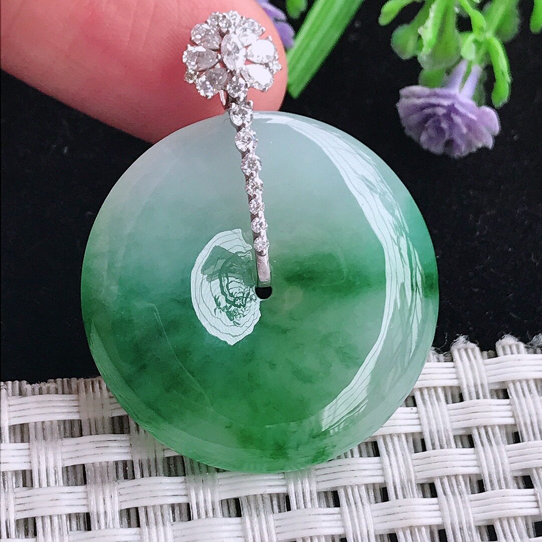 实拍A货翡翠38.2/6.3老坑18k金镶嵌冰胶飘辣绿平安扣吊坠翡翠玉扣