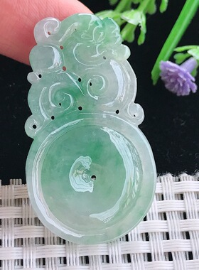 A货翡翠44.7/25.3/3.8老坑冰润起胶飘绿仿古平安扣吊坠翡翠挂件