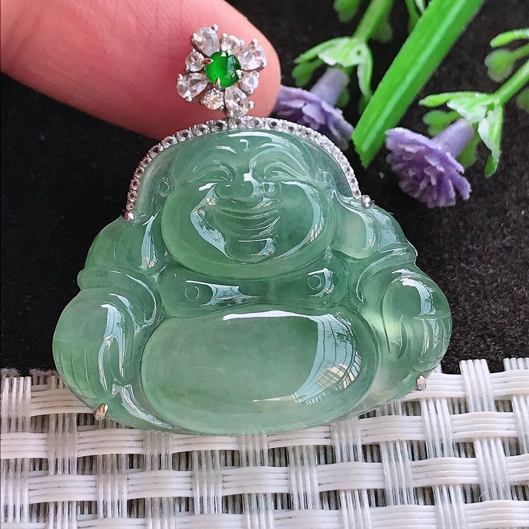 A货翡翠36.8/34.7/7.8老坑18k金镶嵌冰种起胶冰晴满绿佛公吊坠