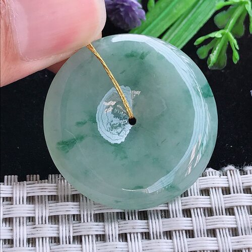 实拍A货翡翠33.2/5.7老坑冰润起胶飘花平安扣吊坠翡翠玉扣挂件