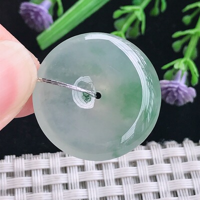 实拍A货翡翠25.3/5.8老坑冰种起胶冰晴绿平安扣吊坠翡翠玉扣挂件