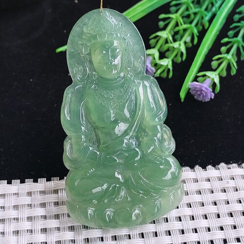 实拍A货翡翠66/36.5/5.5老坑冰胶冰晴满绿赐福观音吊坠翡翠玉观音