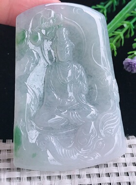 实拍A货翡翠70.8/48.5/5老坑秀气冰润飘花普贤菩萨吊坠翡翠玉挂件