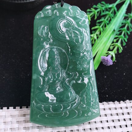 实拍A货翡翠78/45/8老坑冰润起胶满色蓝韵御龙观音吊坠翡翠玉牌