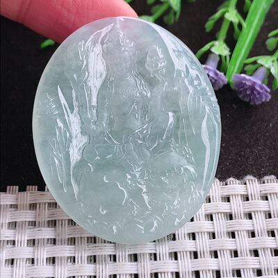 实拍A货翡翠46.8/38.8/4.8老坑冰胶果冻冰纯文殊菩萨吊坠翡翠挂件