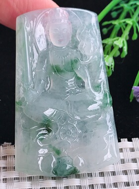 A货翡翠57.2/36.3/6.1老坑冰透起胶冰飘花虚空藏菩萨吊坠翡翠玉牌
