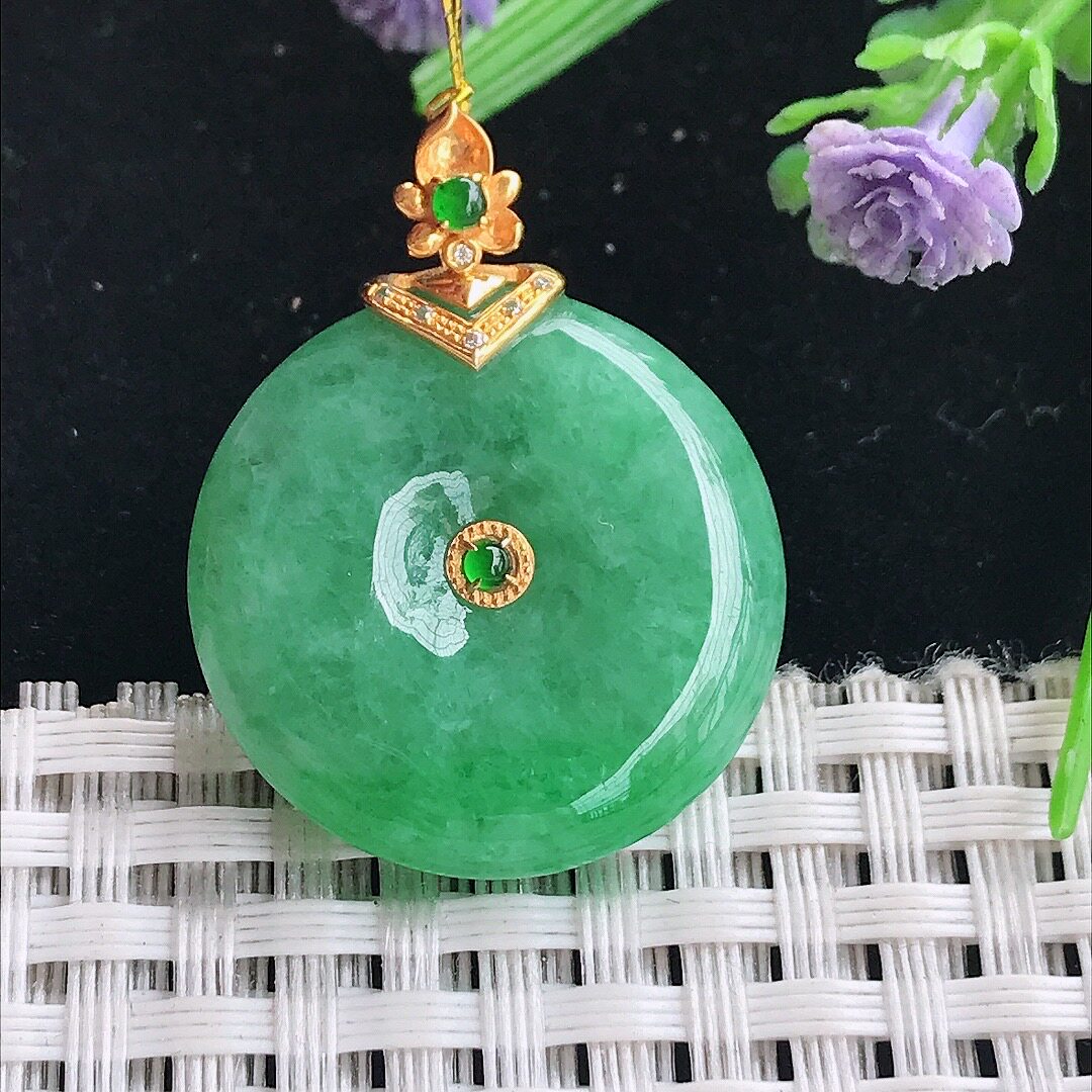 实拍A货翡翠25/6老坑18k金镶嵌满绿平安扣吊坠翡翠玉挂件