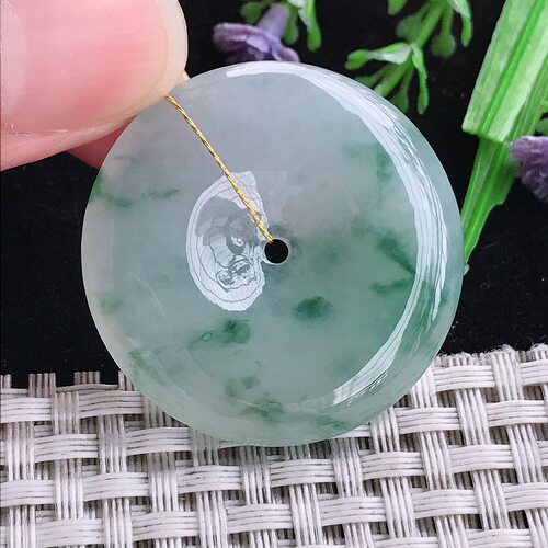实拍A货翡翠35/6老坑冰胶果冻飘花平安扣吊坠翡翠玉扣挂件