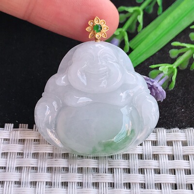 天然A货翡翠31.5/34/6.2老坑18k金镶嵌冰飘花佛公吊坠翡翠挂件