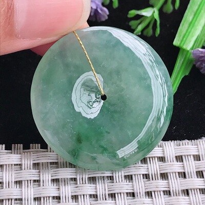 实拍A货翡翠33.2/5.3老坑冰润起胶冰晴飘花平安扣吊坠翡翠玉坠
