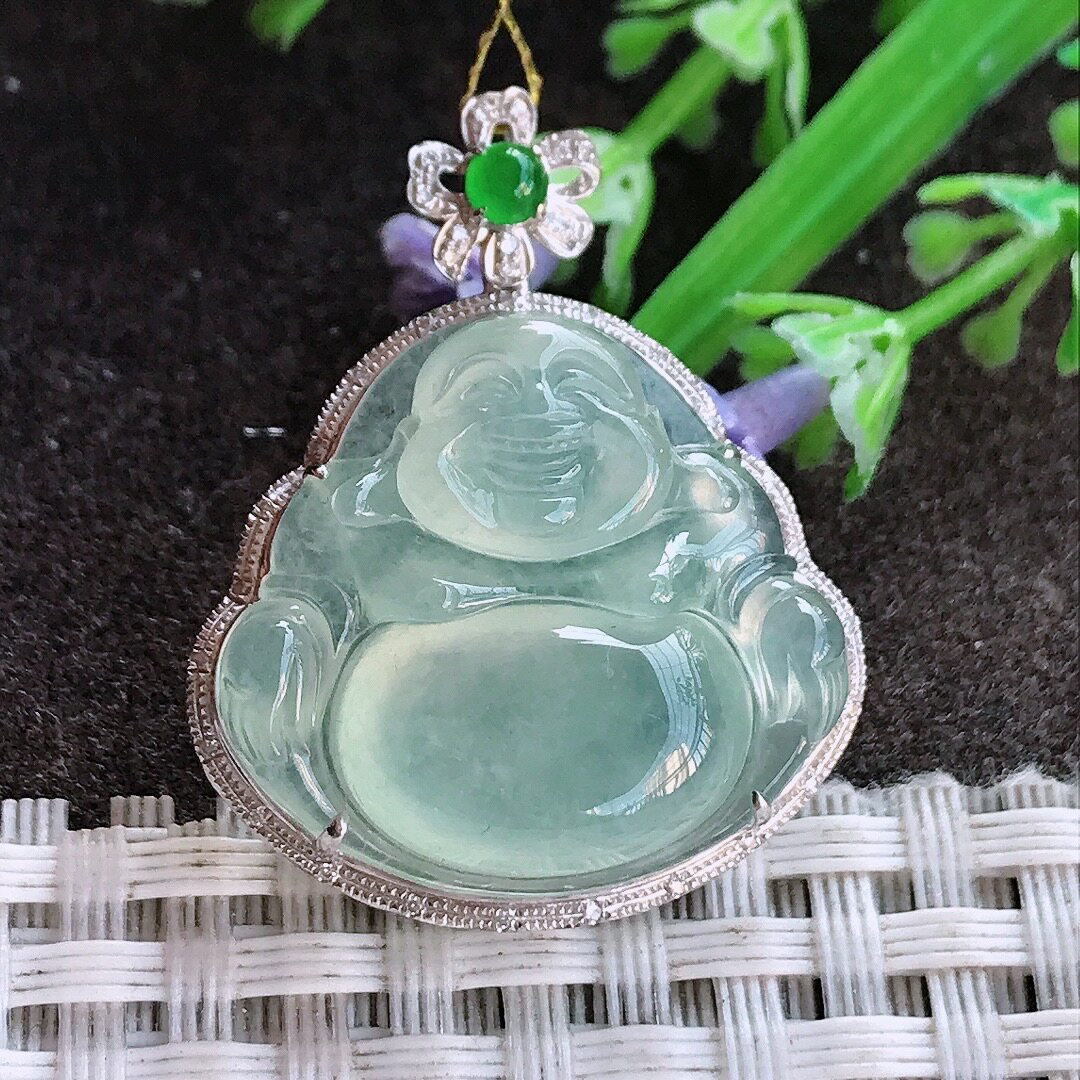 A货翡翠32.3/26.2/9.5老坑18k金镶嵌冰种冰晴绿佛公吊坠翡翠玉佛