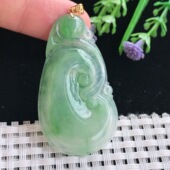 A货翡翠49.3 4.8老坑18k金镶嵌冰胶冰晴绿如意吊坠翡翠挂件