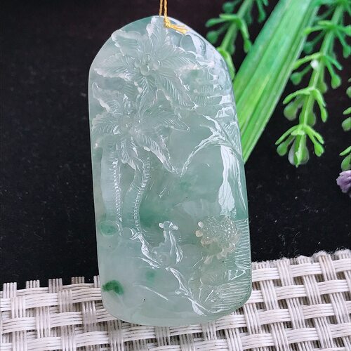 实拍A货翡翠54.5/27/8老坑冰胶果冻山水牌吊坠翡翠挂件玉牌