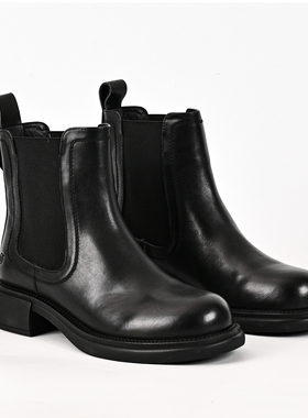 BORN真皮头层牛皮短靴切尔西靴松紧带圆头低跟黑色简约英伦风25款