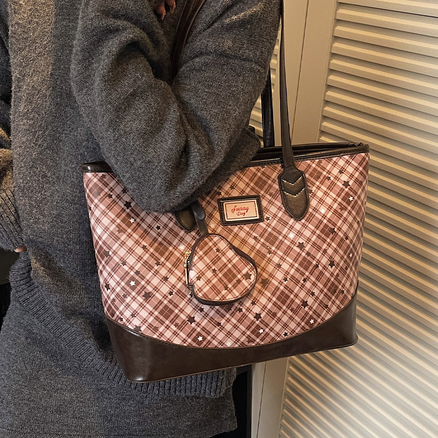 2025新款休闲百搭复古格纹托特包