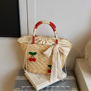 手提菜篮子女包包2025新款 潮流行编织沙滩度假单肩包大容量草编包