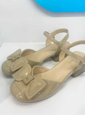 DFNI凉鞋2024年夏季新款低跟圆头亮面舒适中空鞋漆皮复古小皮鞋