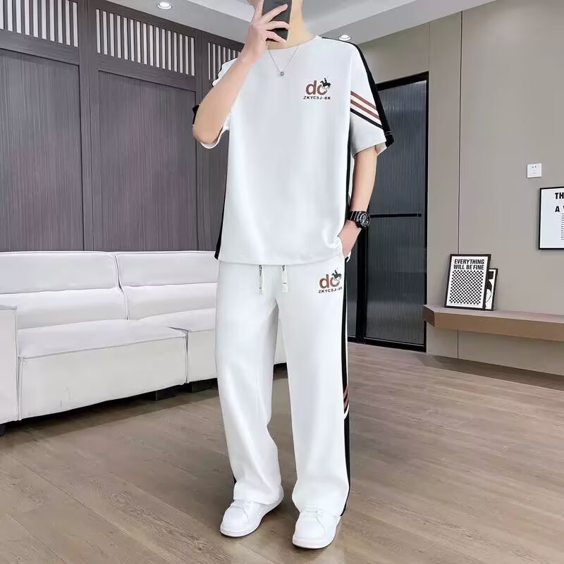 潮牌运动休闲套装男夏季宽松大码休闲一套衣服搭配短袖长裤两件套