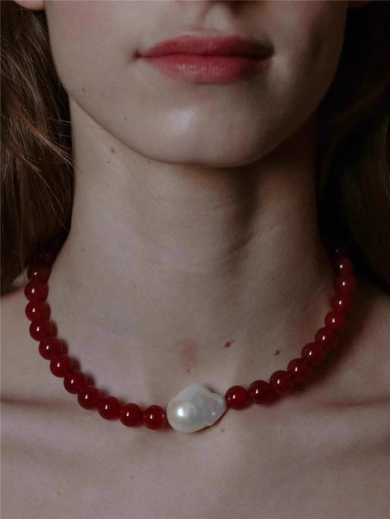 法式复古红玛瑙串珠项链女小众天然巴洛克珍珠项链高级感锁骨链潮