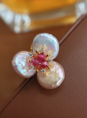 法式复古高级感轻奢小众天然巴洛克珍珠花瓣戒指百搭通勤开口指环