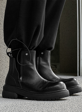 英伦风厚底切尔西靴男黑色皮质中帮短靴百搭潮流马丁靴