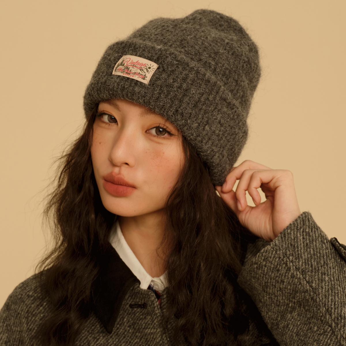 美式复古氛围灰色针织帽子女冬季