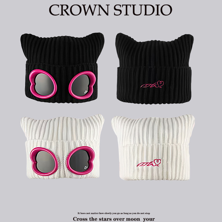 宁艺卓同款甜酷辣妹护目镜猫耳毛线帽子女爱心飞行针织帽2025新款,服饰配件/皮带/帽子/围巾,帽子,淘宝优惠券,粉丝福利购,淘宝优惠卷