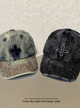 SMFK十字刺绣棒球帽水洗牛仔黑色经典高版鸭舌帽时尚百搭明星同款