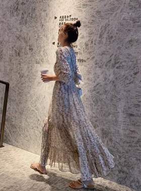 碎花连衣裙2024春装新款白色雪纺夏季长裙五分袖裙子仙女超仙森系