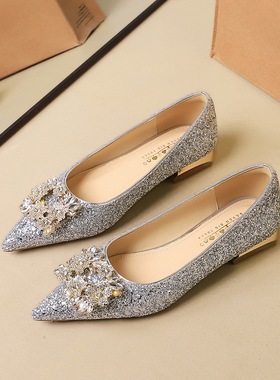 83928-K219新中式水钻金属扣水晶亮片婚纱新娘鞋平底尖头单鞋女