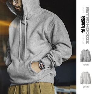 马登工装美式灰色洛奇连帽卫衣加绒宽松重磅叠穿套头帽衫外套男秋