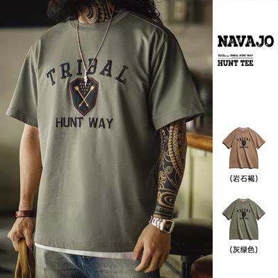 马登工装美式复古Navajo发泡印花印第安T恤纯棉宽松短袖Tee男春夏