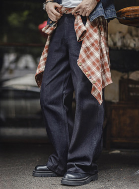 马登工装美式复古微喇阔腿直筒牛仔裤弯刀深蓝色a字赤耳原牛男春