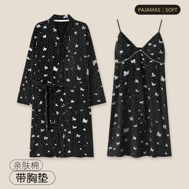 带胸垫睡衣女士夏季纯棉吊带睡裙性感开衫长袖睡袍家居服两件套装