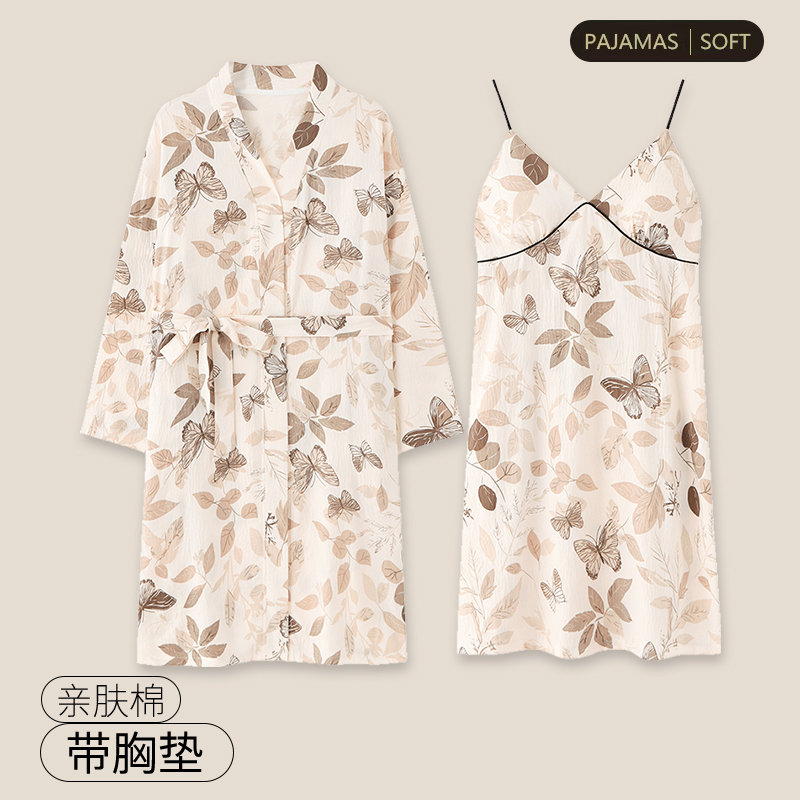 纯棉睡衣女夏季带胸垫性感吊带睡裙长袖睡袍浴袍家居服两件套装