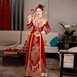 重工秀禾服情侣套装2023新款秋冬季丝绒新娘嫁衣大码中式婚纱礼服