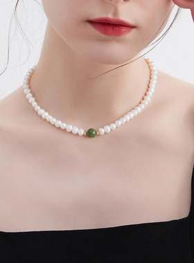 天然珍珠项链女轻奢小众高级感和田玉吊坠锁骨链项链简约气质女式