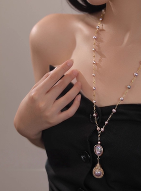 轻奢小众天然巴洛克珍珠项链女紫色流苏吊坠高级感锁骨链女士礼物